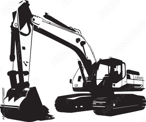Black and White Silhouette of a Heavy-Duty Excavator on a White Background