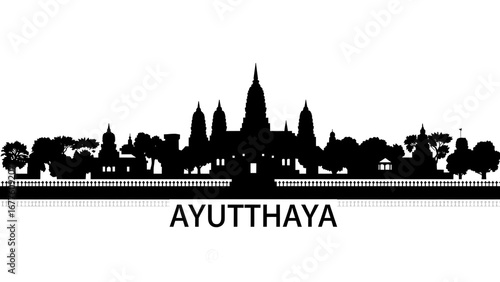 Ayutthaya Temple Silhouette Vector – Famous Thai Landmark, Historical Architecture of Thailand
