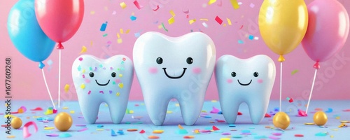 A cheerful scene featuring three cartoon teeth with smiling faces, surrounded by colorful balloons and confetti, ideal for dental themes and celebrations.