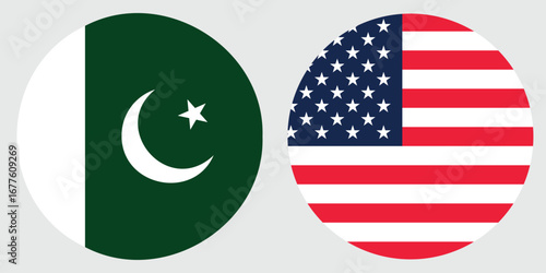 Pakistan and United States Flags ,Circular National Symbols on Grey Background 