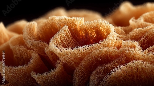 Detail of natural sea sponge in high contrast with soft fibrous organic texture showing raw ocean product surface for bath beauty or sustainable living design use