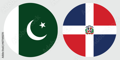 Dominican Republic and Pakistan Circular Flags on Grey Background – International Unity and Diplomatic Symbol"