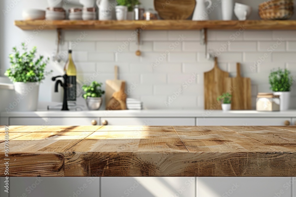 Fototapeta premium Wooden light empty table top in modern white kitchen, kitchen panel in interior. Template showcase scene for advertising products