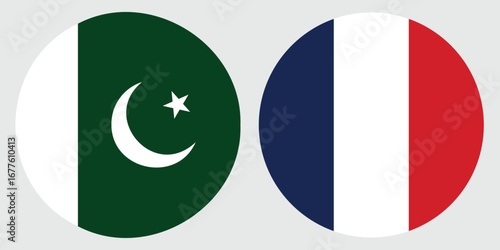 Circular Flags of France and Pakistan on Grey Background , International Partnership Design