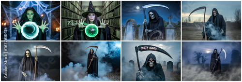 Grim reaper holding scythe in misty graveyard death