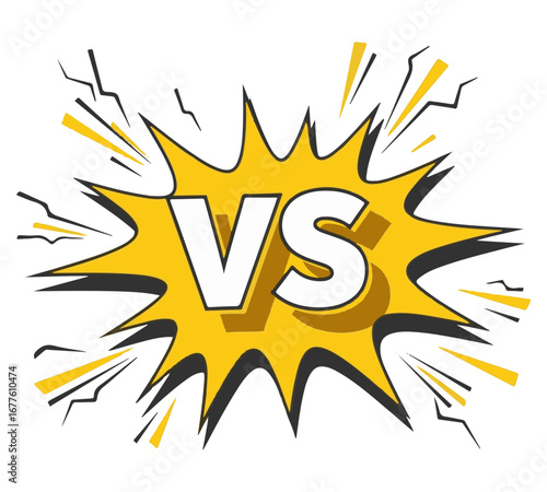 A stylized graphic illustration of "VS" text inside a yellow starburst explosion.