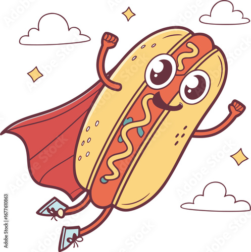 Superhero hot dog with cape flying in the sky cheerful food character cartoon