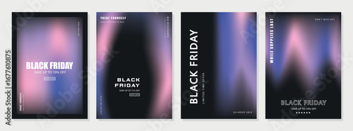 Set of vertical Black Friday templates featuring a soft, blurry mesh gradient background. Designed in a minimalist and trendy style with a moody color palette for modern social media stories and