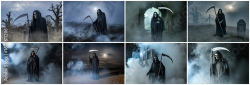 Grim reaper with scythe in misty graveyard death cemetery