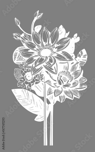 Wallpaper Mural white graphic contour drawing of a bouquet of flowers on a gray background, design Torontodigital.ca
