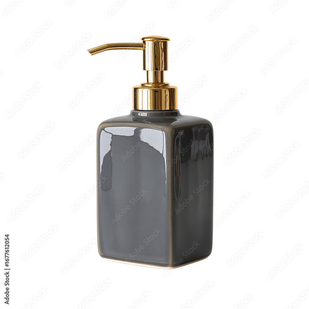 Obraz premium Gray ceramic soap dispenser with gold pump on transpart background