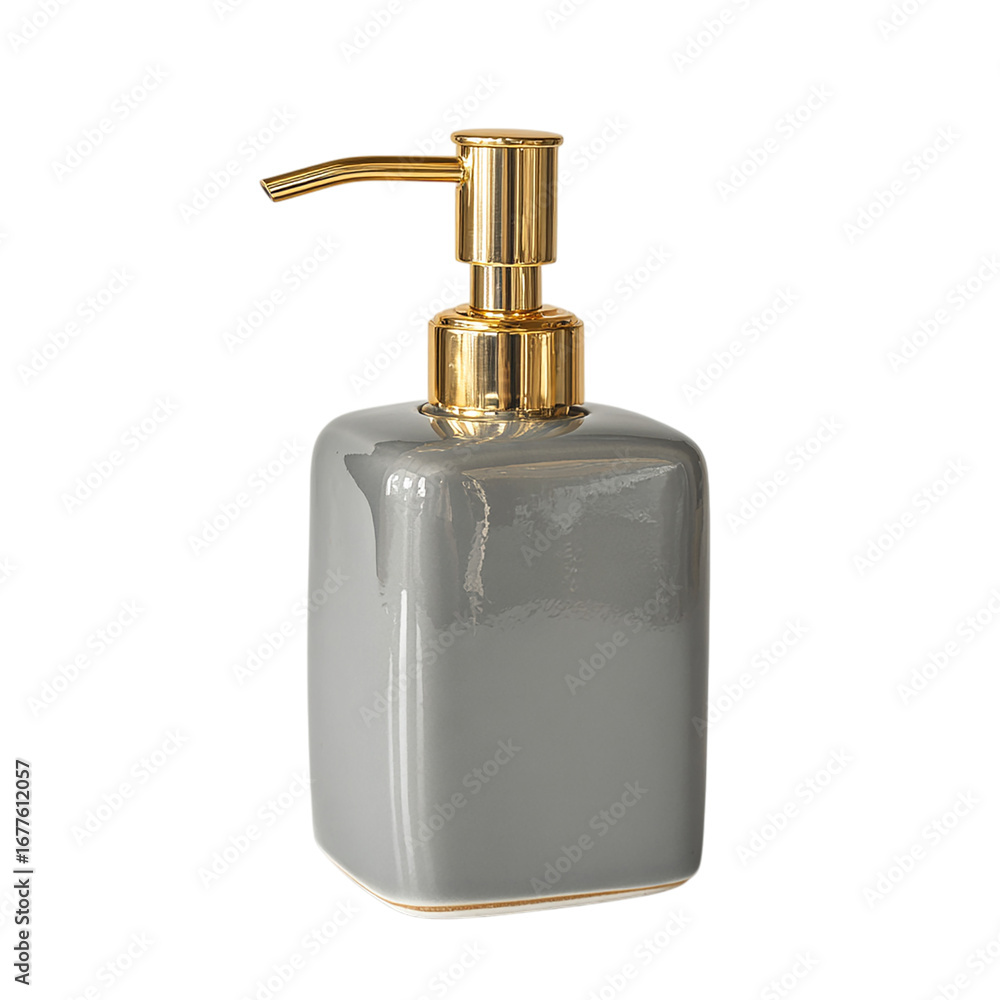 Obraz premium Gray ceramic soap dispenser with gold pump on transpart background