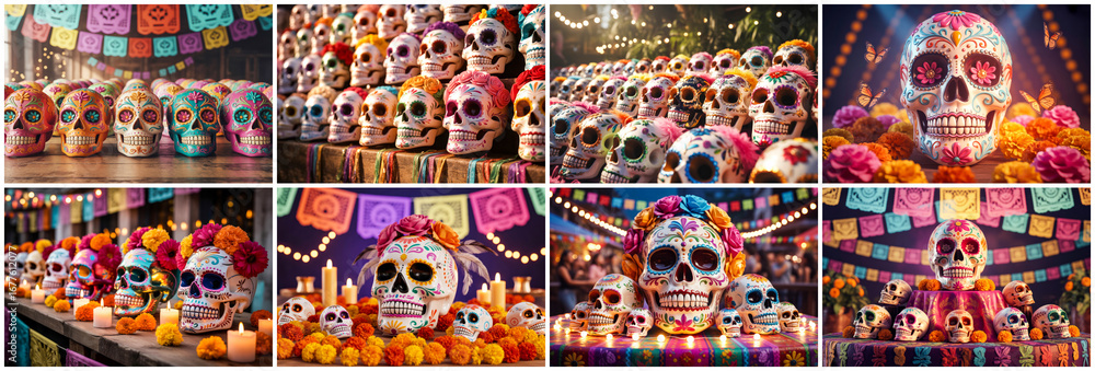 Fototapeta premium Sugar skulls decorated with flowers and candles day of the dead
