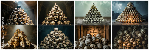 Skulls piled high in pyramid formations human skulls