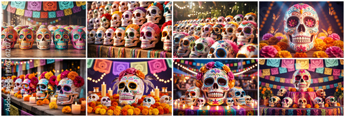 Sugar skulls decorated with flowers and candles day of the dead