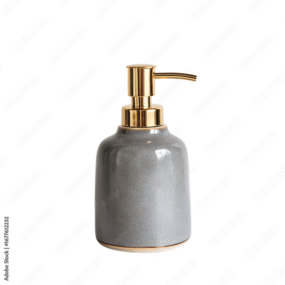 Fototapeta premium Gray ceramic soap dispenser with gold pump on transpart background