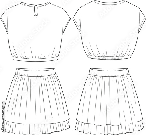 Girls top and pleated skirt fashion flat sketch, two-piece outfit cad drawing, kidswear design template, front and back view