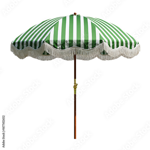 Green and white striped outdoor umbrella with fring on transpart background