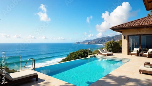 Luxury California beachfront home with stunning ocean views, expansive deck, and private pool  Perfect for a relaxing vacation or permanent residence ,  modern,  balcony