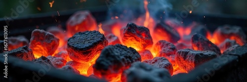 Close-up of glowing charcoal embers in a barbecue grill, intense heat radiating upwards, perfect for summer cookouts  Ready to sear and grill your favorite foods ,  hot,  bbq