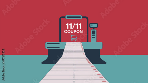 Illustration of a mobile device with a coupon and shopping cart symbol on a red and teal background