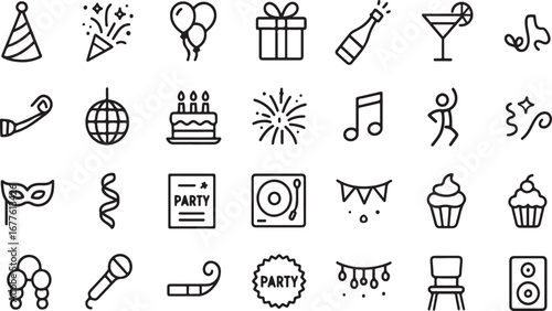 Collection of hand-drawn party icons celebrating fun and festive occasions including birthdays holidays and celebrations