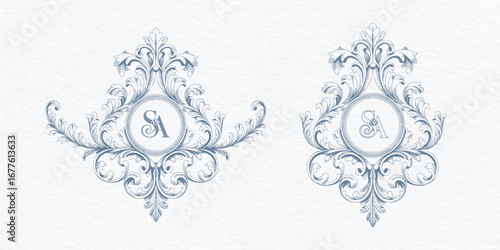 Elegant baroque wedding invitation monogram frame. Antique decorative victorian wedding frame illustration.