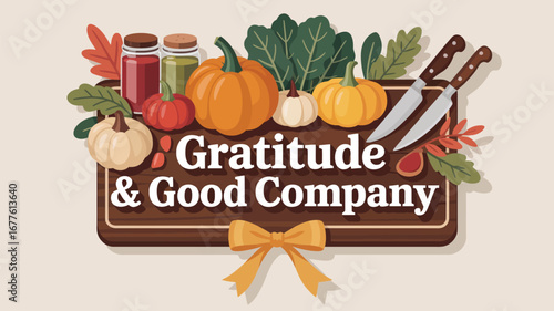 Gratitude and good company text with pumpkins and knives on a brown wooden board with a yellow bow