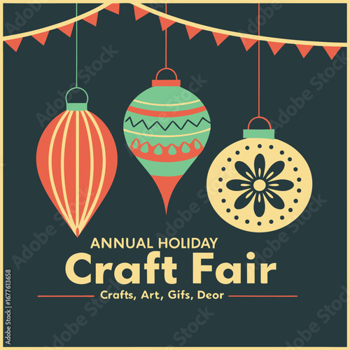 Annual Holiday Craft Fair announcement with festive ornaments and bunting invitation