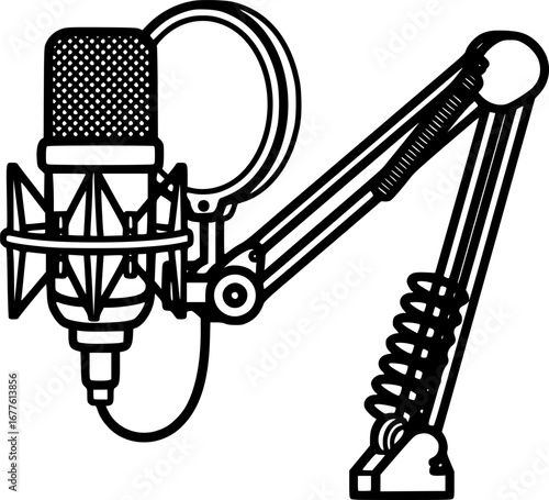 Podcast microphone with boom arm outline icon vector

