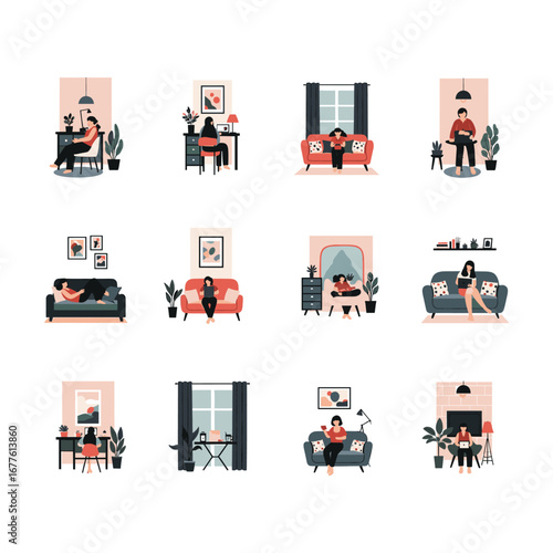 High-Quality Flat Vector Illustrations: People Working & Relaxing at Home