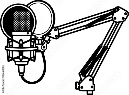 Podcast microphone with boom arm outline icon vector
