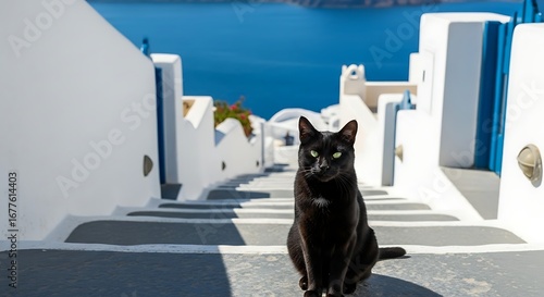 Fototapeta Naklejka Na Ścianę i Meble -  Black cat in Santorini, Greece, a travel destination.