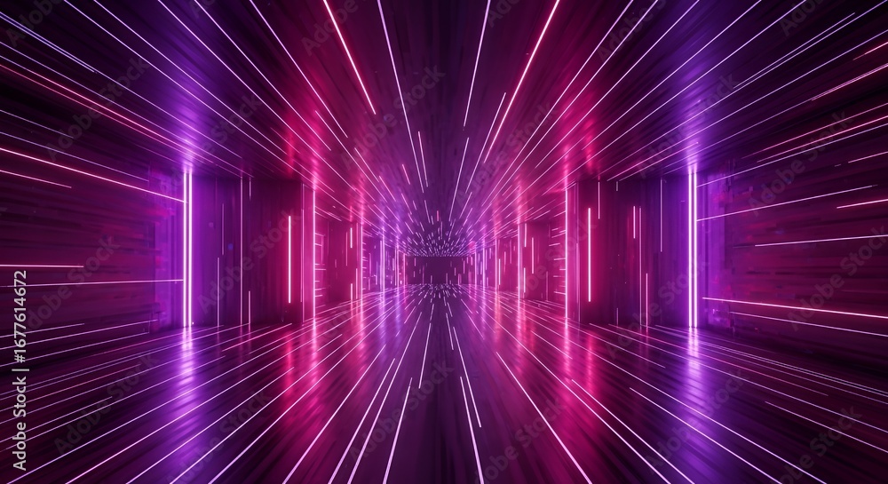 Fototapeta premium Abstract futuristic neon tunnel with glowing pink and purple light streaks. Immersive sci-fi wallpaper design with speed motion perspective and vibrant luminous energy flow.