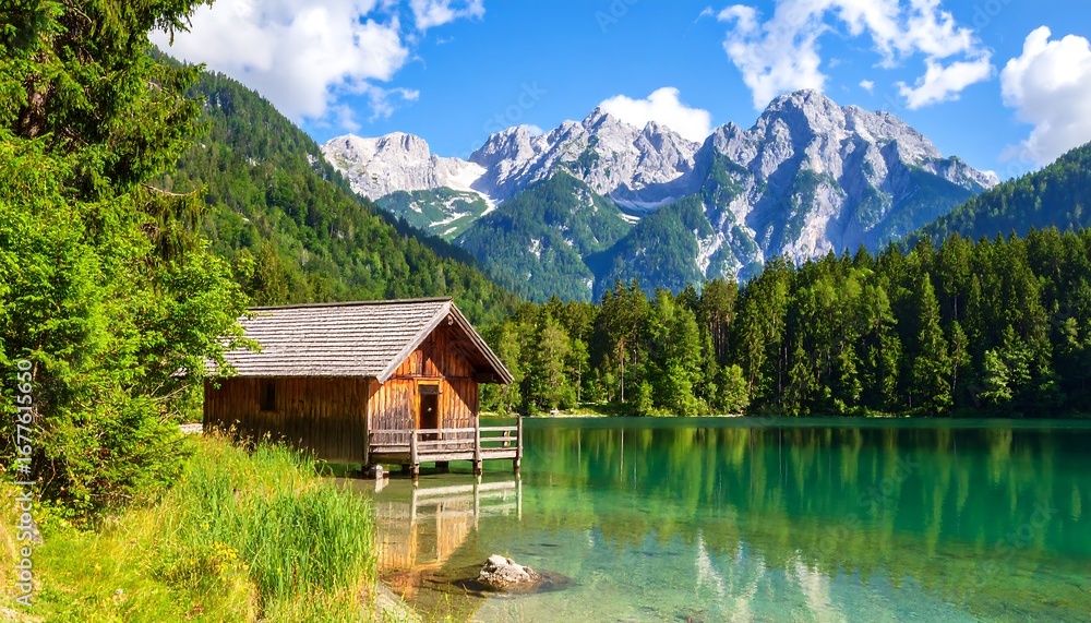 Fototapeta premium A serene wooden cabin rests peacefully on a tranquil lake, nestled amidst lush greenery and towering snow-capped mountains, showcasing a picturesque landscape bathed in sunlight.