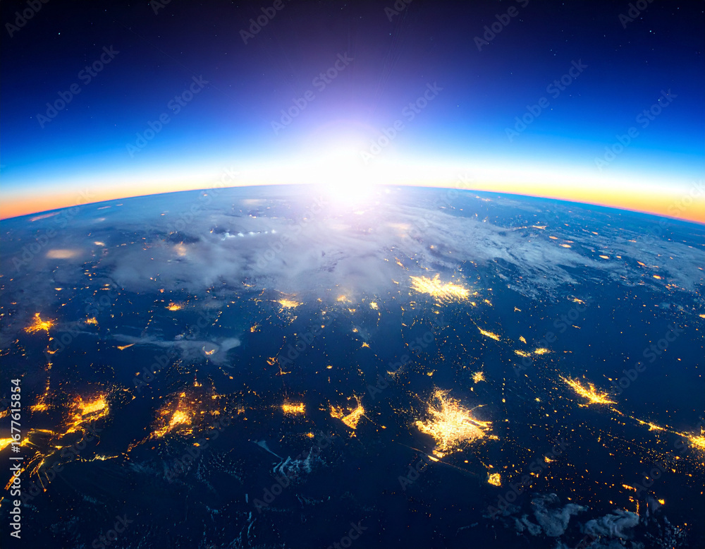 Fototapeta premium View of Planet Earth from space during a brilliant sunrise, with glowing city lights and communication networks visible on the surface