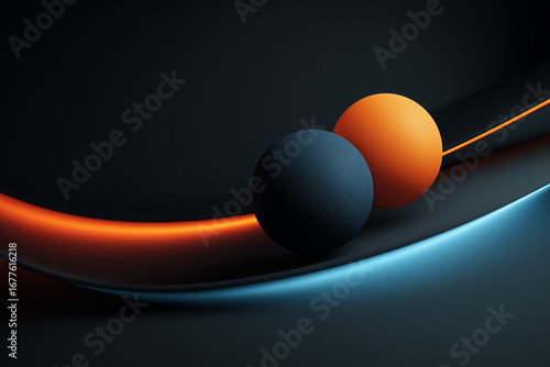 contrasting orange and electric blue spheres orbiting smooth central core in dark gray space, visual metaphor for balance and modern energy flow