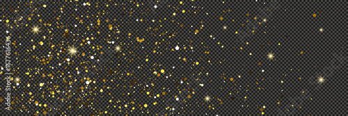 Gold glittering dust with stars on transparent backdrop