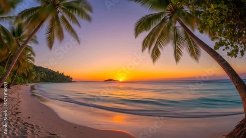 Wallpaper Mural Tropical Beach Sunset Paradise - A breathtaking sunset over a pristine tropical beach, framed by lush palm trees and clear turquoise water. The tranquil scene evokes a sense of serenity and paradise. Torontodigital.ca