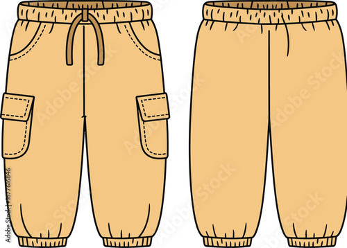 Kids cargo jogger pants flat vector sketch, front and back view, elastic waistband, drawstring, pocket detail, fashion cad drawing