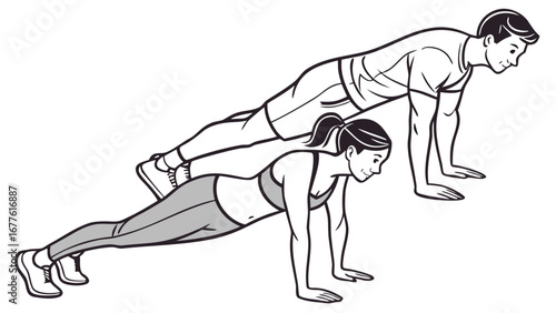 Illustration of a man and a woman doing push ups in a line in black and white line art style exercise created with generated ai