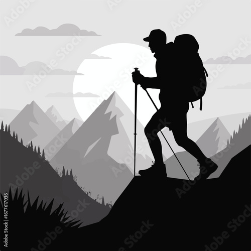 Silhouette of a Hiker Climbing a Mountain at Sunset
