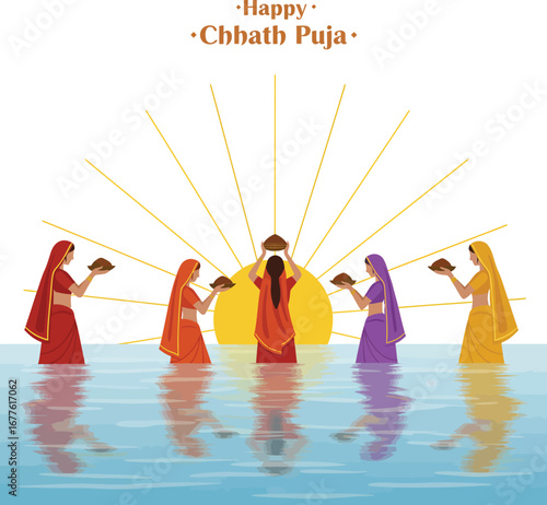 A Devoted Hindu Woman Standing in Water, Worshipping the Sun with a Traditional Bamboo Basket During Chhath Puja, a Festival of Devotion and Gratitude.