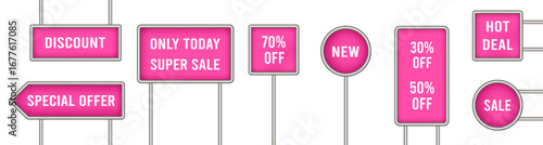 Set of pink road signs with sale announcement. Discount, special offer. Only today, super sale, hot deal. White text	
