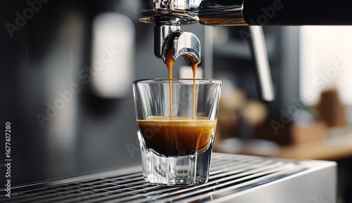Espresso Machine Pouring Fresh Coffee into Glass Cup with Rich Crema
