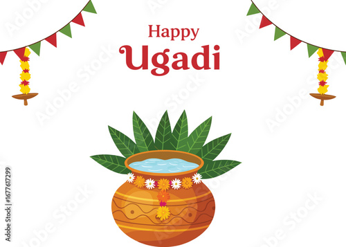 Happy Ugadi festival greeting card design with a decorated pot and traditional garlands, celebrating the Hindu New Year.