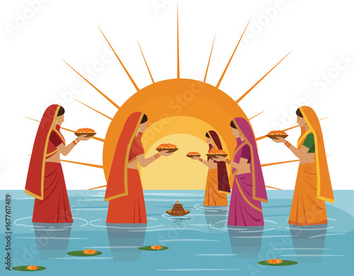 Hindu Women Offering Prayer to the Sun God at Sunrise or Sunset, Religious Chhath Puja Festival of Devotion and Gratitude.