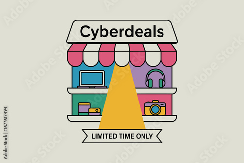 A cyberdeals shop with laptop headphones camera and limited time only banner in cartoon style design
