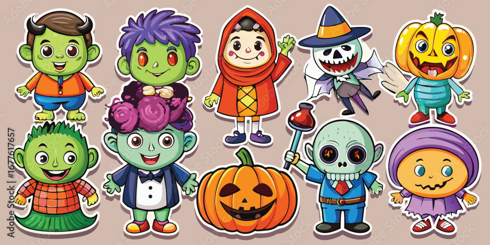 Obraz premium Happy Halloween day element background vector. Cute collection of spooky ghost, pumpkin, bat, candy, cat, skull, spider, grave, castle. Adorable halloween festival elements for decoration, prints.