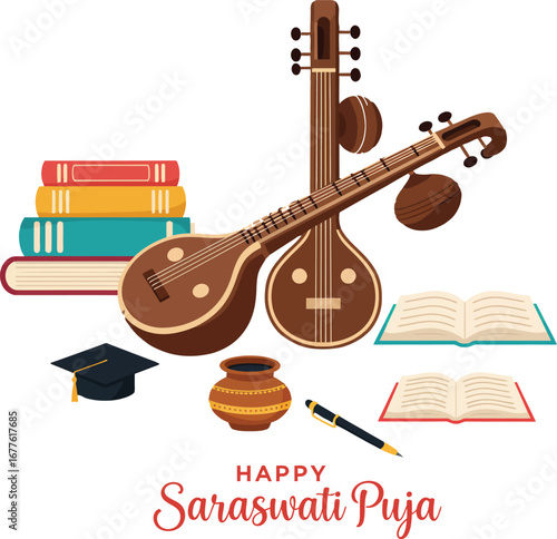 Saraswati Puja illustration with two musical Veena instruments, symbolizing arts and knowledge. Features a stack of books, ink pot, and graduation cap for education theme.